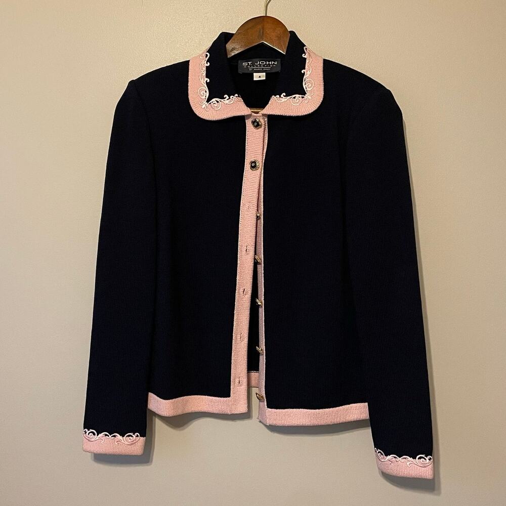 St. John Collection Cardigan Sweater Full Button Navy Cream Trim sz 4